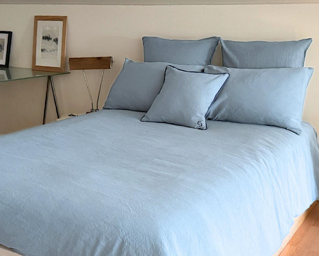 Housse de couette Lin Bleu Embruns - Couleur Chanvre
